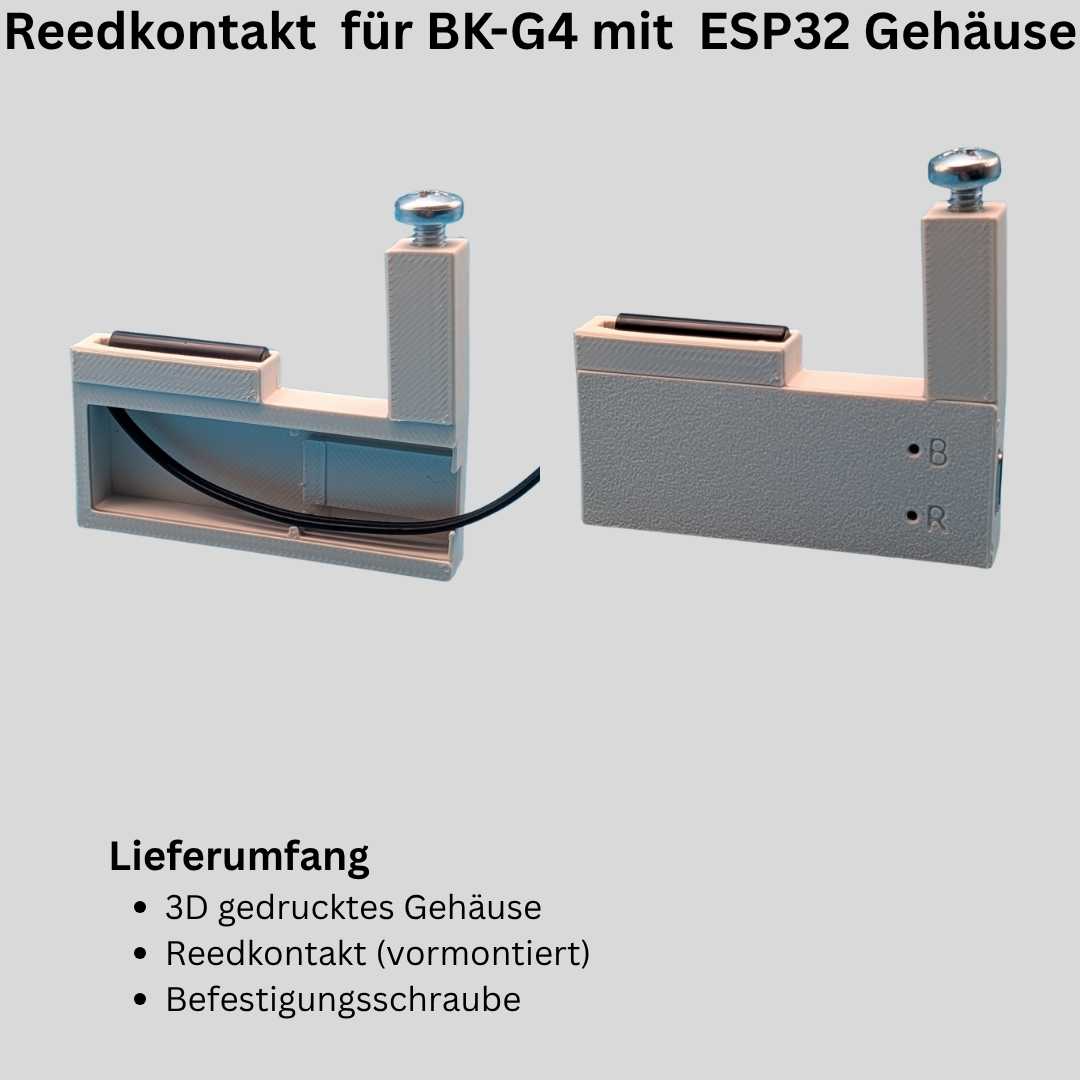 Reedkontakt Sensor für BK-Gaszähler mit integriertem ESP32-C3/C6 Gehäuse – 3D-gedrucktes ASA-Gehäuse in Hellgrau, Kabelanschluss und Befestigungsschraube